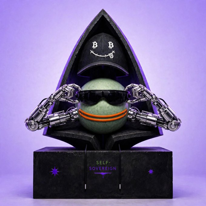 A 3D-rendered figurine of a green spherical character wearing black sunglasses and a hoodie with Bitcoin eyes, displayed on a black pedestal labeled 'SELF-SOVEREIGN' against a purple background.