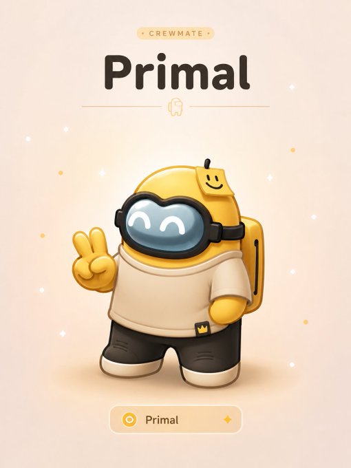 A cute cartoon mascot character wearing a yellow astronaut helmet and goggles, labeled 'CREWMATE Primal' on a beige background.