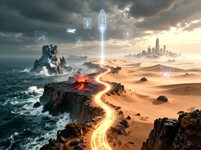 A fantastical landscape depicts a glowing golden path winding from a volcanic island across a desert toward a distant futuristic city, with holographic icons including a rocket, a jet, and charts floating in the cloudy sky.