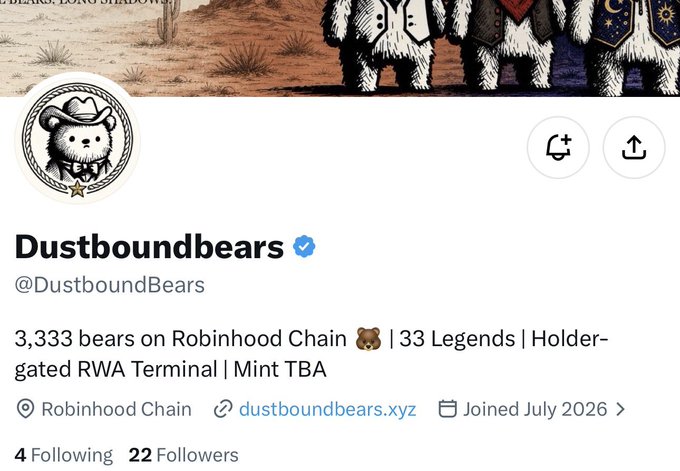The image shows the X (Twitter) profile page for @DustboundBears, a verified account with 22 followers, displaying the "Dustboundbears" handle alongside a bear logo wearing a cowboy hat. The bio reads "3,333 bears on Robinhood Chain | 33 Legends | Holder-gated RWA Terminal | Mint TBA," which aligns with the post's description of the collection's 3,333 hand-inked wanderers and 33 hidden 1/1 legends available on the Robinhood Chain.