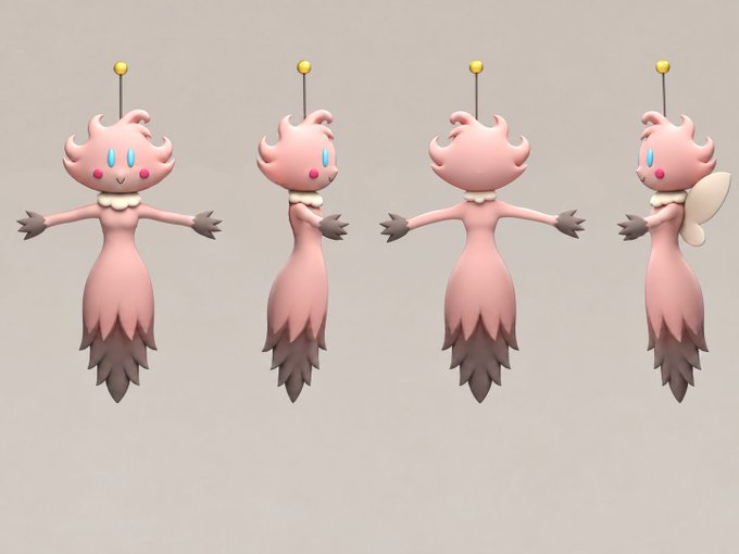 A pink fairy-like creature with an antenna and small wings is shown from four different angles, likely to help viewers visualize and suggest a fitting name for the charming little character.