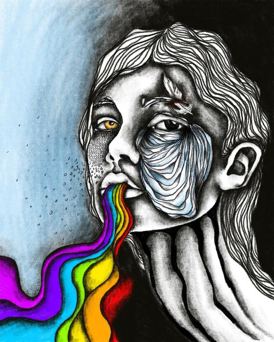 The image features a black and white drawing of a person with their face turned sideways, revealing a rainbow-colored stream of paint coming out of their mouth. The background of the image is blue, which contrasts with the black and white elements of the drawing. The caption of the image reads "Good morning These days I’m super busy and kinda stressed out. Send me some good vibes, please I love you all Hamartia 10 editions xtz objkt.com/tokens/KT1B14b".