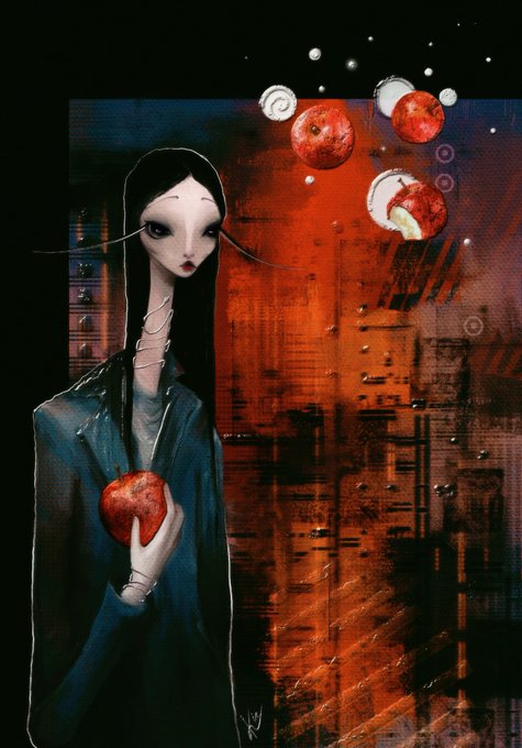 A stylized gothic illustration features a pale, dark-haired figure in a blue coat holding a red apple, with floating apples against an abstract red and black industrial background.