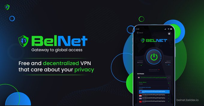 An advertisement for BelNet VPN displays the text 'BelNet - Gateway to global access - Free and decentralized VPN that care about your privacy' alongside an image of a smartphone showing the BelNet app interface.