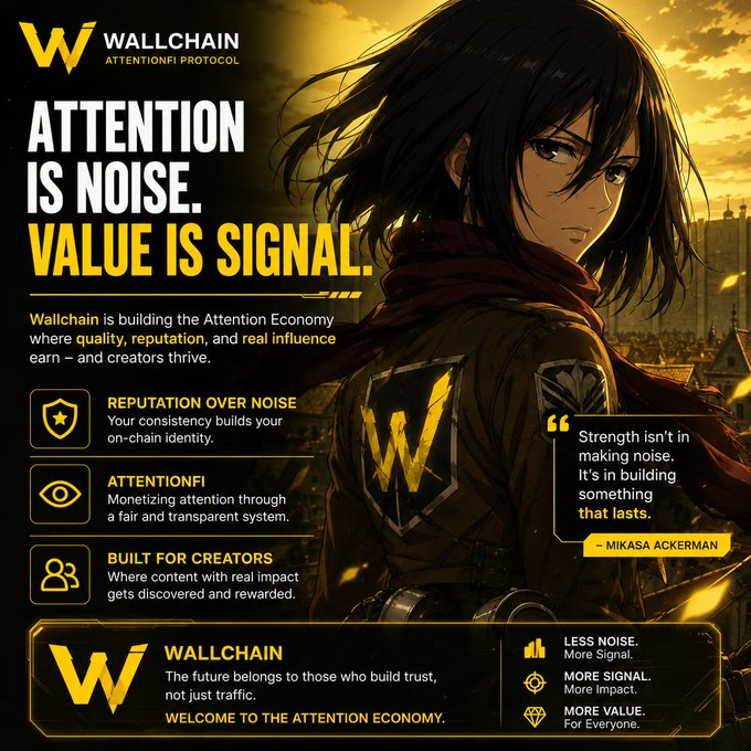 The image features a character from an anime or video game wearing a red scarf and black jacket, standing against a yellow background. The text above the image reads "Attention is Noise. Value is Signal." This phrase seems to be related to the concept of attention economy in the context of Wallchain's post about the importance of quality over spammy volume.

The main focus of the image is on the character, and there are no other objects or texts present. The yellow background provides a contrast that makes the character stand out more prominently.
