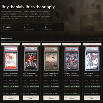 A dark-themed website titled 'SLAB' with the tagline 'Buy the slab. Burn the supply.' showing a marketplace of PSA-graded basketball cards from 2022 and 2023, including 2022 Prizm PSA 10 Chet Holmgren and 2023 Topps Chrome BGS 9 Victor Wembanyama.