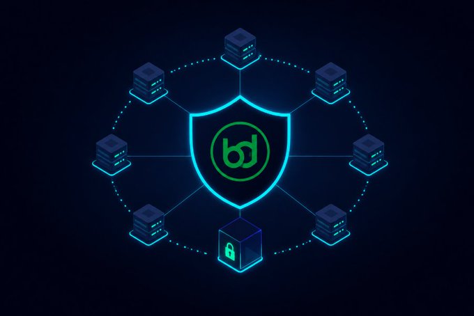 A digital illustration showing a central shield with a 'bd' logo surrounded by server racks connected in a network, with one server featuring a padlock symbol, representing blockchain security.
