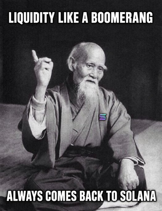 A meme featuring an elderly man with the text 'LIQUIDITY LIKE A BOOMERANG ALWAYS COMES BACK TO SOLANA' and a small Solana logo.