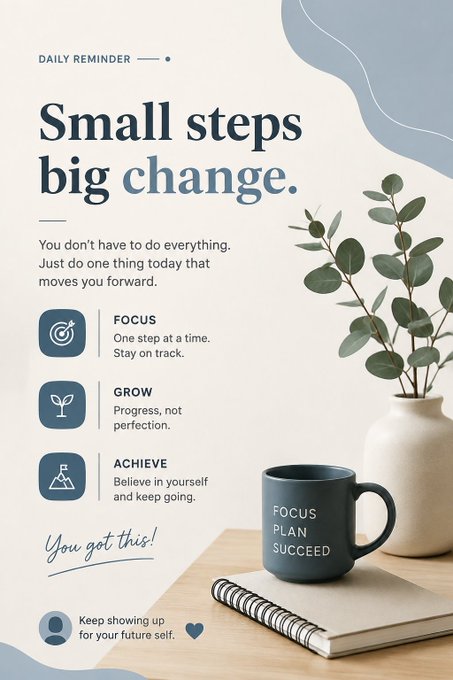 The image is a motivational "Daily Reminder" poster titled "Small steps big change," encouraging gradual progress with three tips—Focus, Grow, and Achieve—paired with a photo of a "FOCUS PLAN SUCCEED" mug and greenery.

Note: The image has no visual connection to the accompanying post about Bitcoin's price range and institutional adoption—it appears to be a generic productivity graphic unrelated to the crypto commentary.