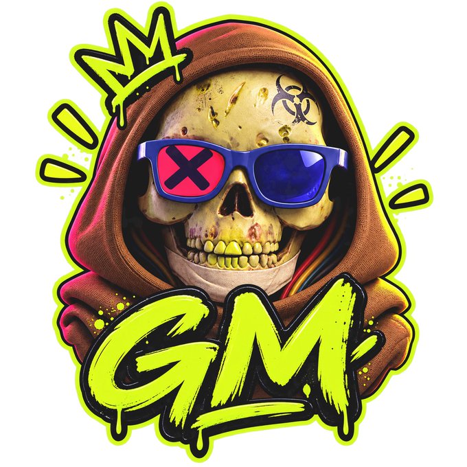 Stylized graphic design featuring a hooded skull with a biohazard symbol, wearing 3D-anaglyph style glasses, with a neon yellow crown above and graffiti-style 'GM' text below.