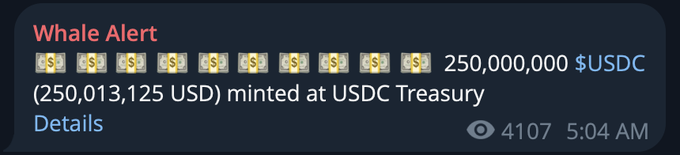 A "Whale Alert" notification shows that 250,000,000 USDC (valued at $250,013,125 USD) was minted at the USDC Treasury, corresponding to the reported issuance of 250 million new dollars, likely on the Solana network. The alert includes a view count of 4,107 and a timestamp of 5:04 AM.
