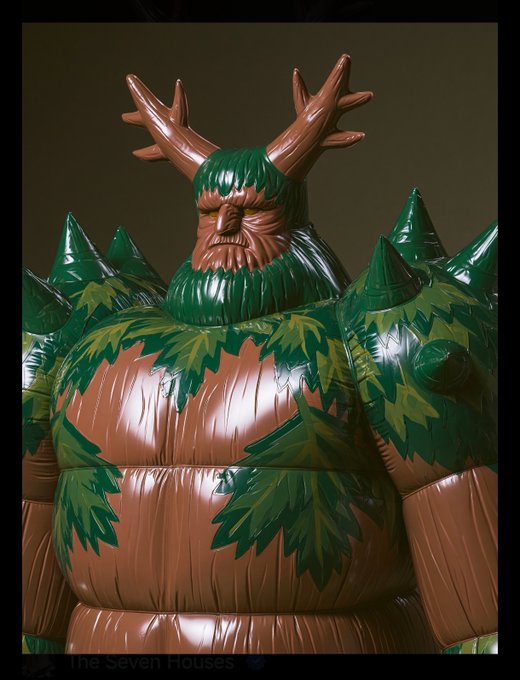 A close-up of an inflatable costume depicting a tree-like humanoid figure with a brown face, green leafy details, and spiked shoulders, with the text 'The Seven Houses' at the bottom.