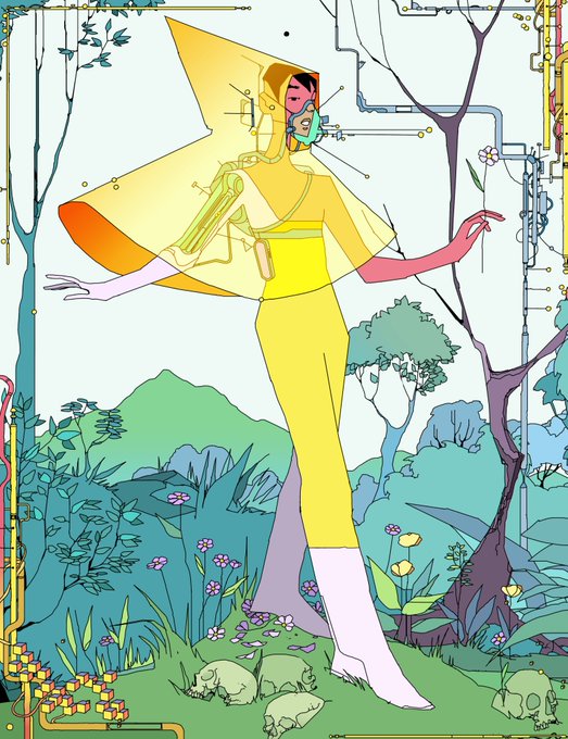 A stylized sci-fi illustration depicts a tall figure in a yellow outfit and large angular yellow hood standing in a lush green landscape with sleeping creatures and circuit-like decorative borders.