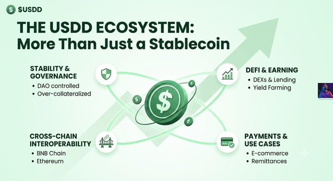 A presentation slide titled "THE USDD ECOSYSTEM: More Than Just a Stablecoin" displays a central dollar coin graphic surrounded by four key pillars: Stability & Governance (DAO controlled, Over-collateralized), DeFi & Earning (DEXs & Lending, Yield Farming), Cross-Chain Interoperability (BNB Chain, Ethereum), and Payments & Use Cases (E-commerce, Remittances), illustrating how USDD extends beyond a simple digital dollar into a comprehensive decentralized finance platform.