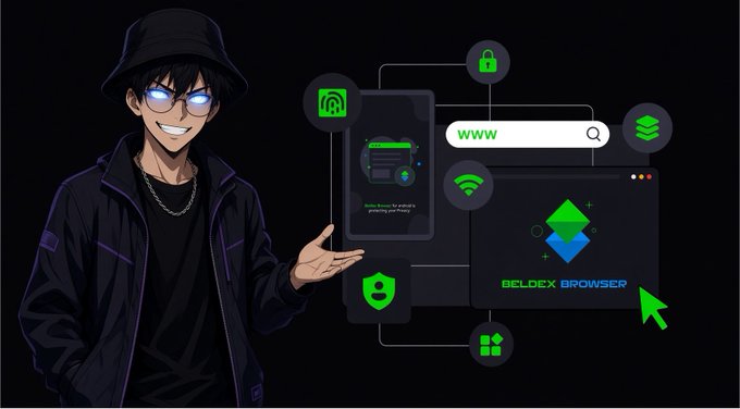 An anime-style illustration of a young man in a bucket hat and glasses presenting the Beldex Browser, surrounded by icons representing privacy, security, Wi-Fi, and cryptocurrency features.