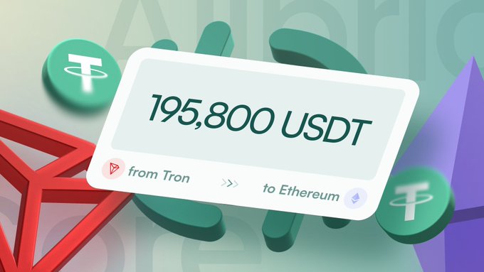 A 3D illustration showing a crypto transfer of '195,800 USDT' 'from Tron' 'to Ethereum', surrounded by green Tether coins and Ethereum logos against a teal background.
