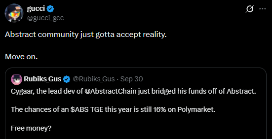A tweet from @gucci_gcc quoting @Rubiks_Gus who states: 'Cygaar, the lead dev of @AbstractChain just bridged his funds off of Abstract. The chances of an $ABS TGE this year is still 16% on Polymarket. Free money?' The quoted tweet has a reply stating 'Abstract community just gotta accept reality. Move on.'
