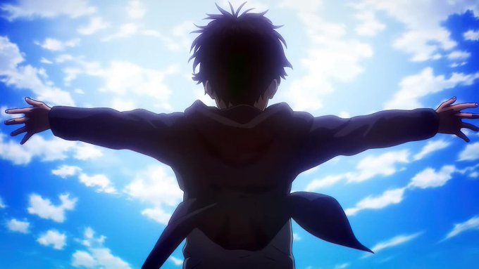 An anime character viewed from behind with arms outstretched against a bright blue sky with scattered clouds.