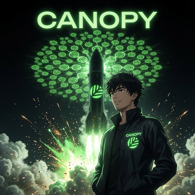 The image features a confident man in a "CANOPY" branded jacket beside a launching rocket, with a glowing green leaf-patterned canopy fanning out behind it and the word "CANOPY" displayed prominently at the top, visually reinforcing the post's theme of steady, user-focused growth and quiet, sustainable momentum over hype.
