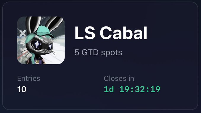 The image shows an advertisement for a raffle, with a cartoon rabbit as the main character. The text on the screen reads "LS CABAL 5 GTD SPOTS CLOSED IN 1d 19:33:19". This indicates that the raffle has already ended and the prizes have been awarded to the winners. The post also mentions that there are still some raffles available, but they haven't yet closed.