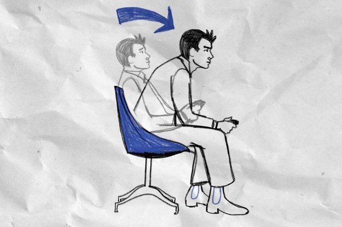 A simple hand-drawn sketch on crumpled paper showing a person sitting forward on a blue office chair, with an arrow indicating forward-leaning posture.