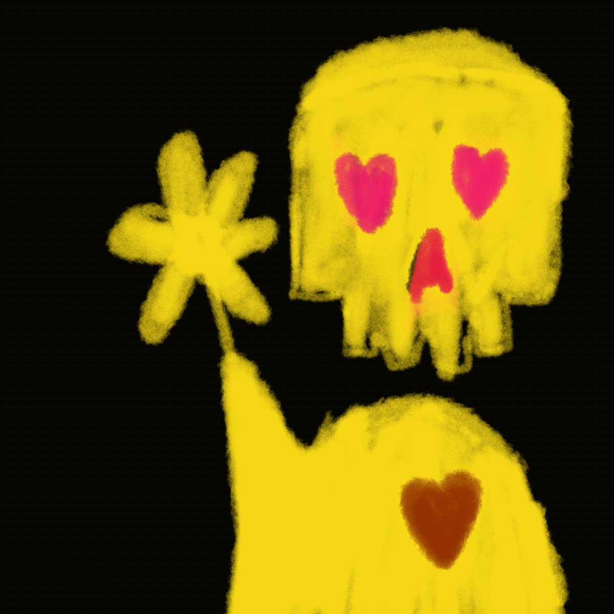 The image features an illustration of a yellow skull with red eyes, giving it a creepy appearance. The skull has two hearts attached to its face, adding to its unsettling look. The background of the image is black, which contrasts with the yellow color of the skull and makes it stand out even more. The post reads "GM Happy Tezos Tuesday Discovering Artist through proofofpalm is a good thing Thanks again @Obenksyck". This message seems to be related to the artist's work or the post being shared on social media, as both are about discovering new artists and appreciating their creations.