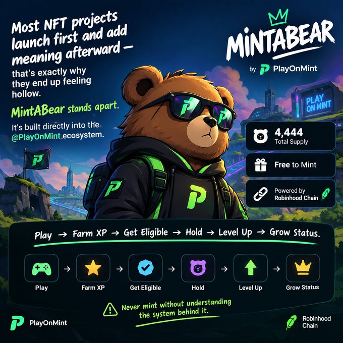 A promotional graphic for 'MintABear' by PlayOnMint NFT project, featuring a bear with sunglasses and text explaining the project flow: Play → Farm XP → Get Eligible → Hold → Level Up → Grow Status.