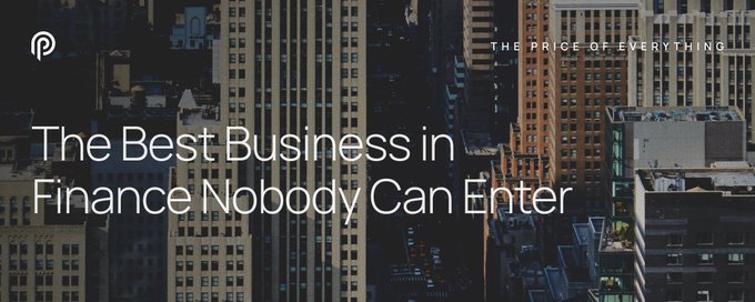 A dark, atmospheric image of a city skyline featuring tall buildings, overlaid with the text "The Best Business in Finance Nobody Can Enter" and the tagline "THE PRICE OF EVERYTHING." The post relates to the image by highlighting how S&P's index licensing business—a similarly elite, hard-to-enter space—is being disrupted by Pyth Network, which is breaking into the lucrative market of licensing index references.
