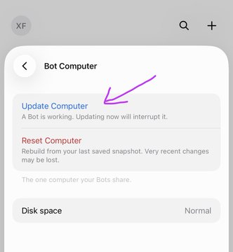A screenshot of a mobile app interface titled "Bot Computer" showing options to "Update Computer" (with a purple arrow pointing to it) and "Reset Computer," along with disk space status.