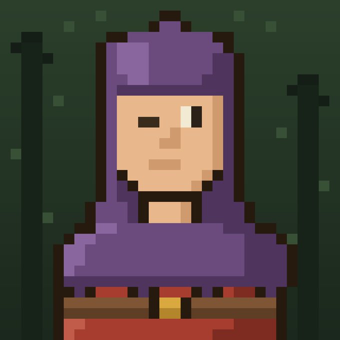 A pixel art portrait depicts a character with light skin wearing a purple hood and red clothing, set against a dark green background with floating green particles.