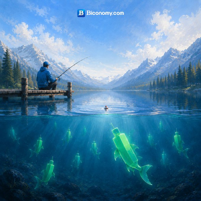 A surreal digital illustration with the 'Biconomy.com' logo, showing a person fishing on a dock in a mountain lake, while glowing green USB-shaped fish swim beneath the water's surface.