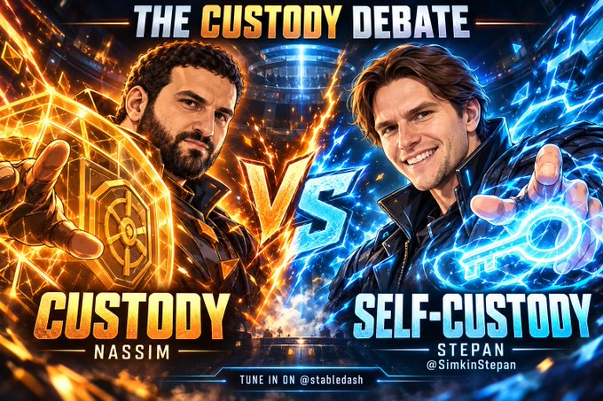 A vibrant promotional graphic titled "THE CUSTODY DEBATE" featuring two figures labeled "CUSTODY" (Nassim) with fiery orange energy and "SELF-CUSTODY" (Stepan / @SimkinStepan) with blue lightning, with "TUNE IN ON @stabledash" at the bottom.