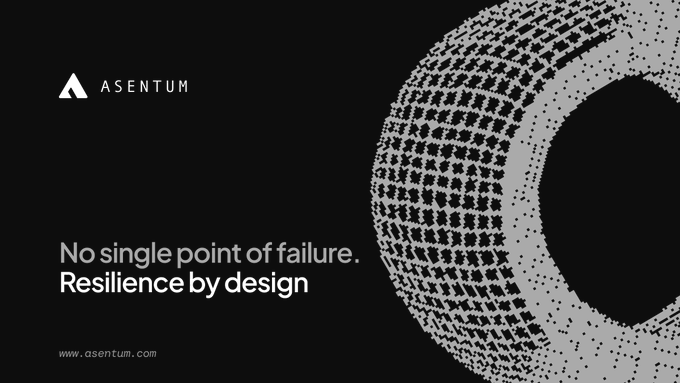 A minimalist black advertisement for 'ASENTUM' featuring the tagline 'No single point of failure. Resilience by design' alongside a textured, crescent-shaped geometric pattern.
