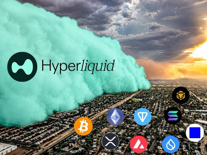The Hyperliquid logo appears prominently over a teal dust cloud sweeping across a cityscape, surrounded by cryptocurrency logos including Bitcoin, Ethereum, TON, BNB, Solana, XRP, SUI, and AVAX.

The image visually reinforces the post's thesis: while other chains (Robinhood, Solana, BNB) have introduced isolated experiments with stock-tokenized assets and memes, the lineup of major crypto symbols encircling the dramatic Hyperliquid cloud suggests that HyperEVM will be the convergence point uniting all these fragmented efforts—stocks, memes, and major assets—into one unified on-chain ecosystem.