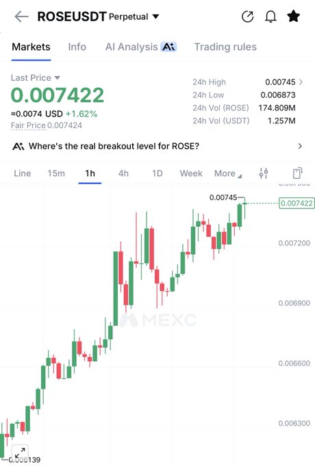 A MEXC trading chart for the ROSEUSDT Perpetual pair showing a last price of 0.007422 USD, up 1.62%, with a candlestick graph in green and red indicating price movement.