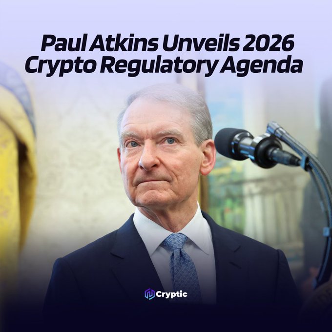 Paul Atkins is shown at a podium, with headline text reading "Paul Atkins Unveils 2026 Crypto Regulatory Agenda," accompanying a post about the SEC's upcoming focus on crypto reforms, tokenized securities rules, and expanded regulated crypto products in the U.S.