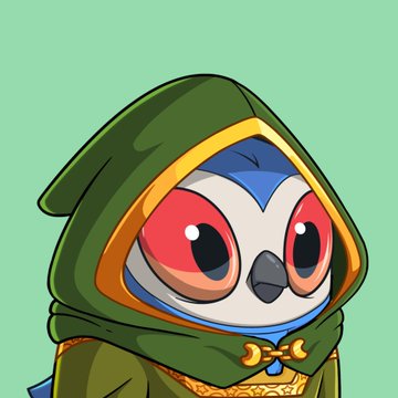 A cartoon-style illustration of an owl character wearing a green hooded cloak against a solid teal background.