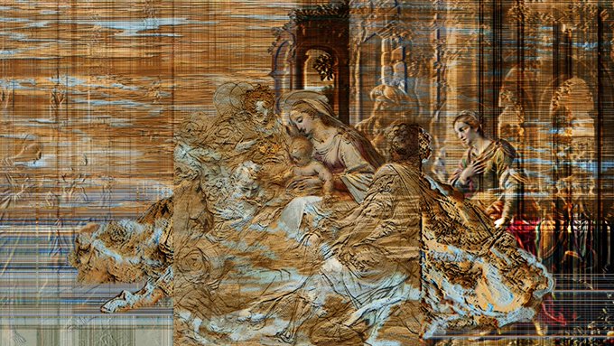A classical religious painting depicting figures including a Madonna and child, overlaid with horizontal scanline effects giving it a glitchy, textured appearance.