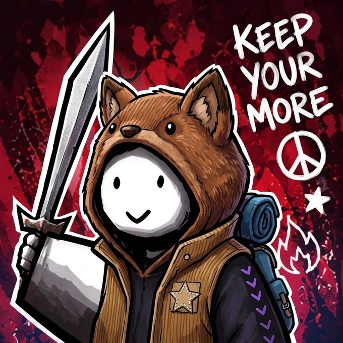 A cartoon character with a white smiley face wearing a brown dog/fox hooded jacket, holding a large sword, with text 'KEEP YOUR MORE' and a peace symbol against a red splatter background.