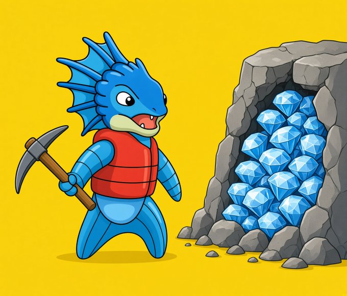 A cartoon illustration of a blue dragon-like creature wearing a red vest, holding a pickaxe, standing next to a rock opening filled with blue diamonds against a yellow background.
