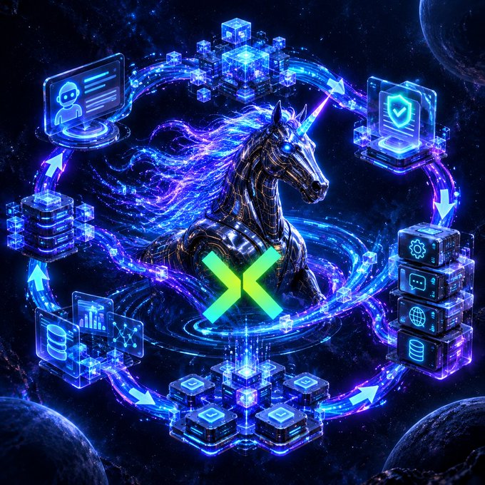 A glowing green XRP logo sits in front of a dark unicorn surrounded by circular arrows and floating holographic data cubes on a cosmic background.