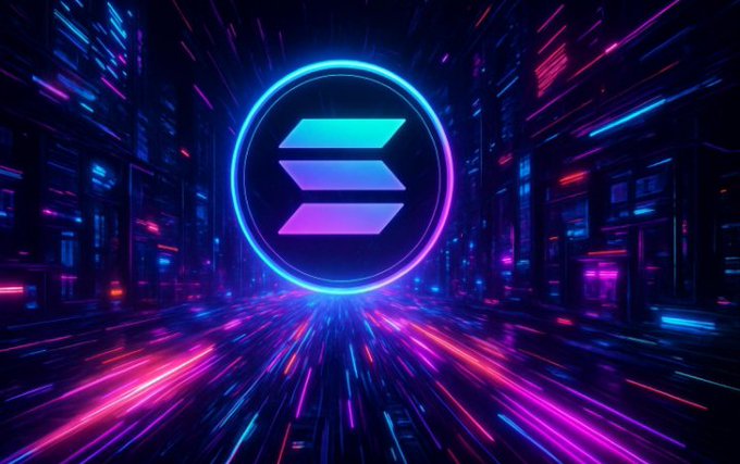 A glowing neon Solana logo is centered in a vibrant, futuristic digital cityscape. The image of the Solana emblem visually reinforces the post's mention of $SOL testing key resistance, spot ETF inflows, and bullish momentum toward the $96–$100 range.