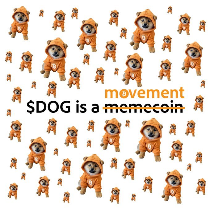 A meme graphic features multiple Shiba Inu dogs wearing orange Bitcoin hoodies, with text reading '$DOG is a memecoin' and 'movement' struck through.