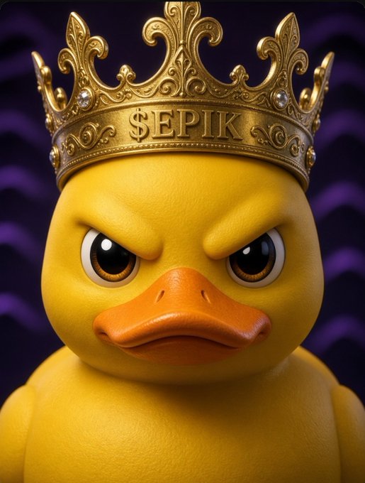 A 3D-rendered yellow duck with an angry expression wearing a golden crown engraved with '$EPIK' against a purple wavy background.