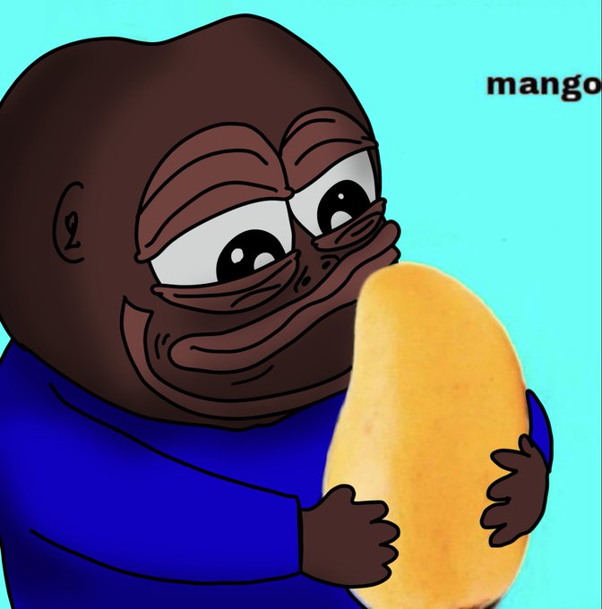 A cartoon character with a brown blob-like head and big expressive eyes holding a mango, with the text 'mango' in the corner on a turquoise background.