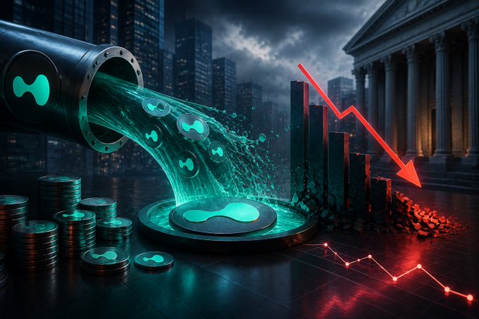 A dramatic illustration showing green cryptocurrency coins pouring from a pipe into a puddle, with a red downward-trending chart and a classical building in the background.