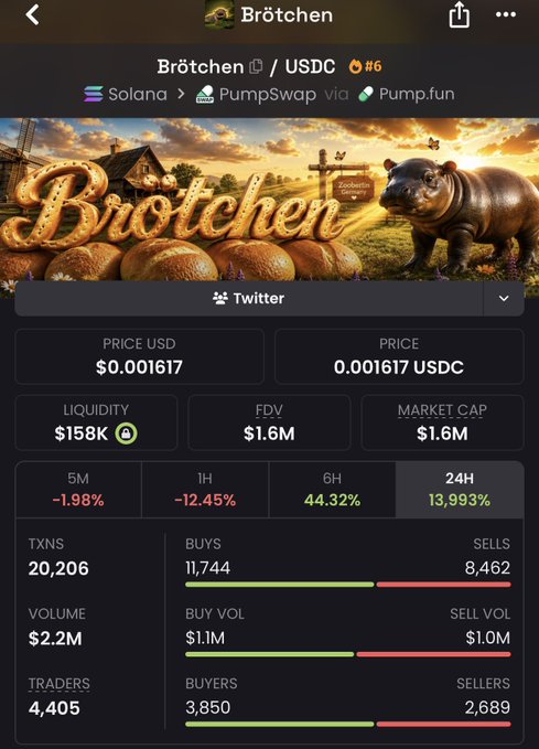 The image shows a crypto token tracker page for "Brötchen" ($Brötchen/USDC) on PumpSwap via Pump.fun, displaying a price of $0.001617, market cap of $1.6M, 24H gain of 13,993%, and 20,206 transactions. The accompanying post highlights how the community rallied behind the token after a Turkish developer (@hirozaki2020) claimed ownership, resulting in a massive 10x price surge—as visually confirmed by the token's 13,993% 24-hour gain.