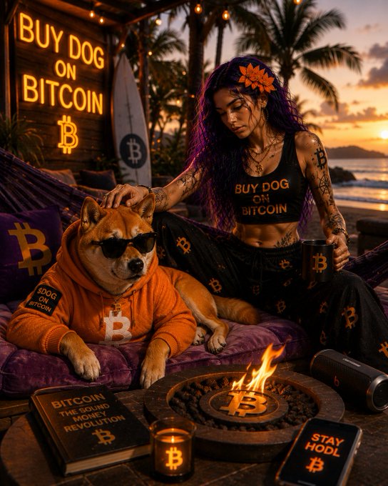 The image features a woman sitting next to her dog, both wearing matching outfits that include hoodies with Bitcoin logos. They are surrounded by various items such as books, candles, and a cell phone. The background includes palm trees and a sunset, creating an atmosphere of relaxation and leisure. The post on the image reads "Buy Dog on Bitcoin", which is related to the Bitcoin wallet being used for dog-related purchases or donations.