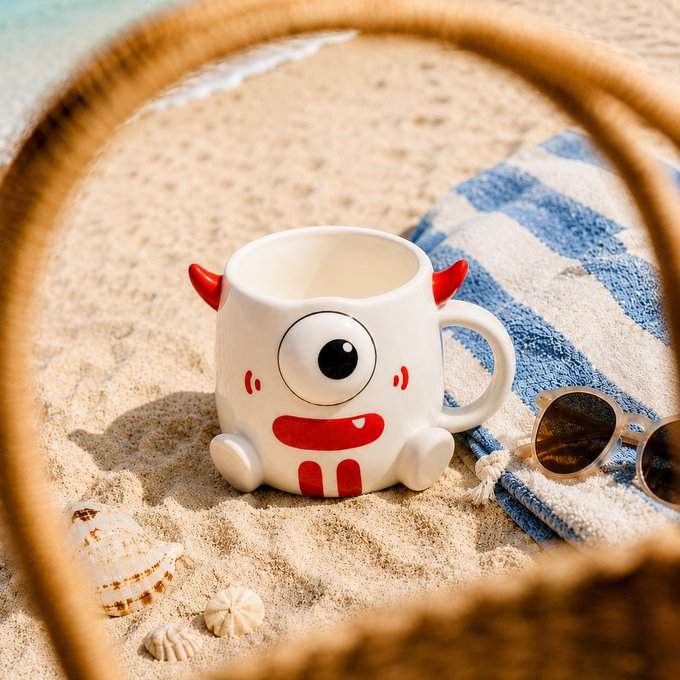 A white novelty ceramic mug shaped like a one-eyed cartoon monster with red horns sits on sandy beach alongside a blue and white striped towel, sunglasses, and seashells.