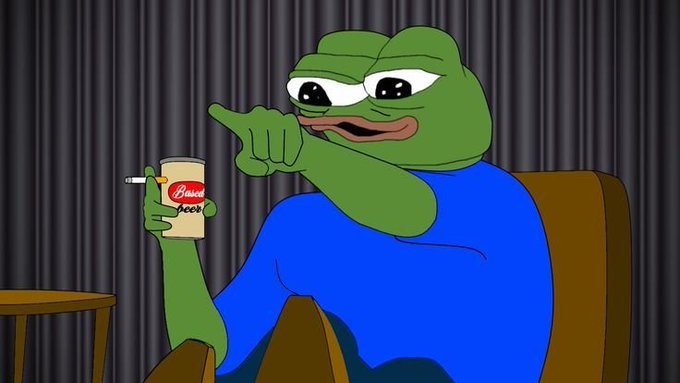 A cartoon frog character with large eyes sits in a chair, pointing at the viewer while holding a pack of 'Bimo' brand cigarettes.